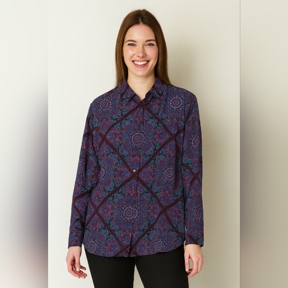 Foxcroft Blue Purple Artsy Patterned Long Sleeve Button Up Shaped Shirt Size 18W - Picture 1 of 9